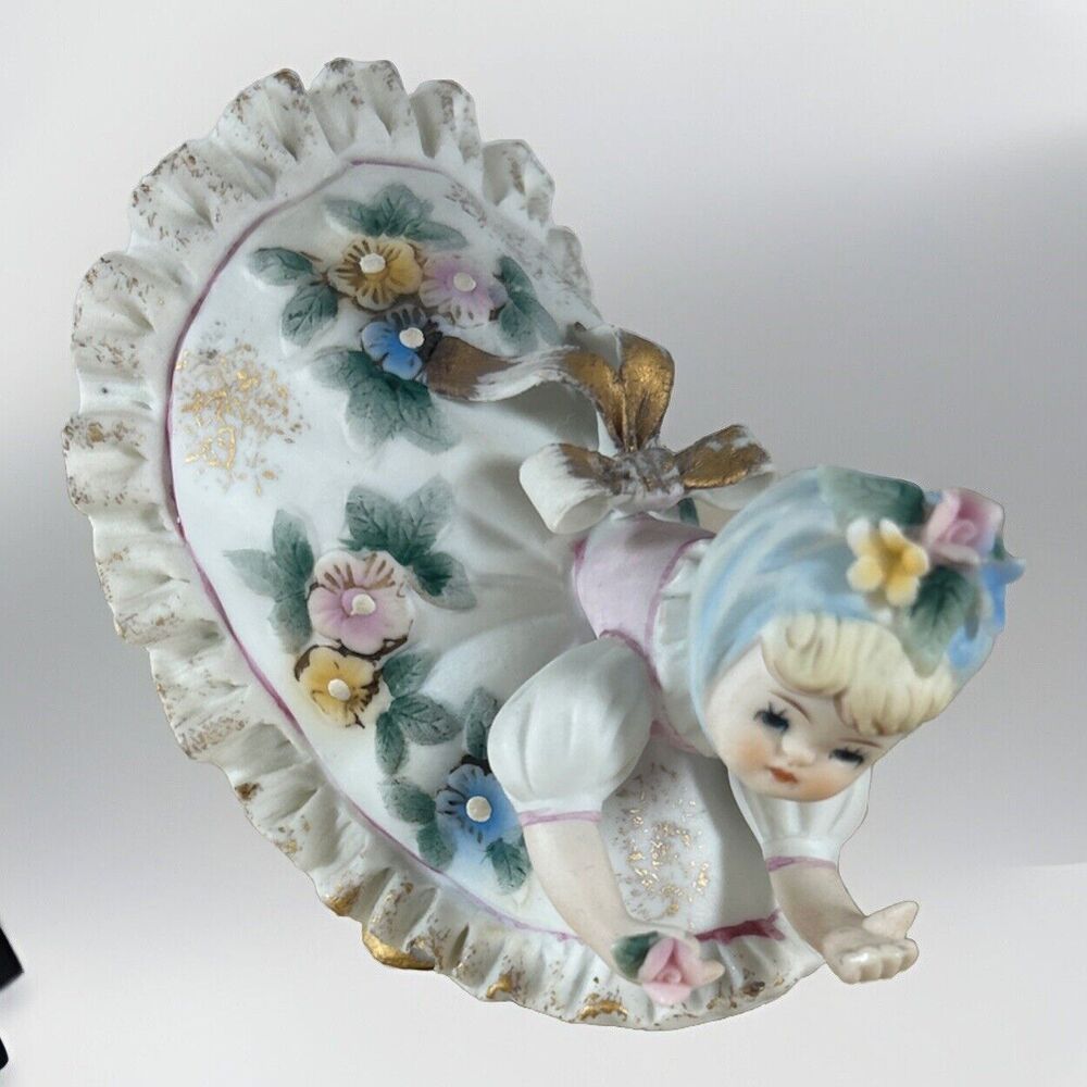 LEFTON Blue BLOOMER GIRL Bending Over Picking Flower Figurine Vintage Japan - Picture 2 of 14